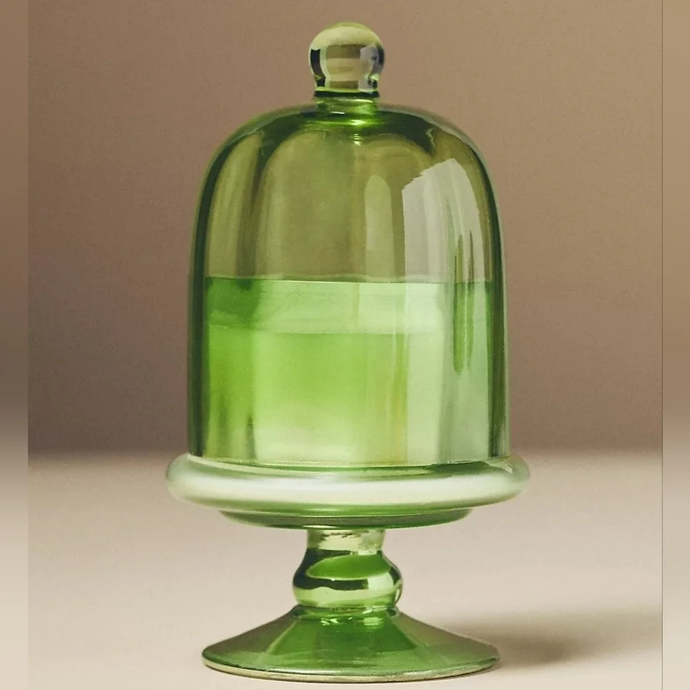 Anthropologie Mini Cake Stand Fruity Champagne Cheers Green Glass Candle, NIB